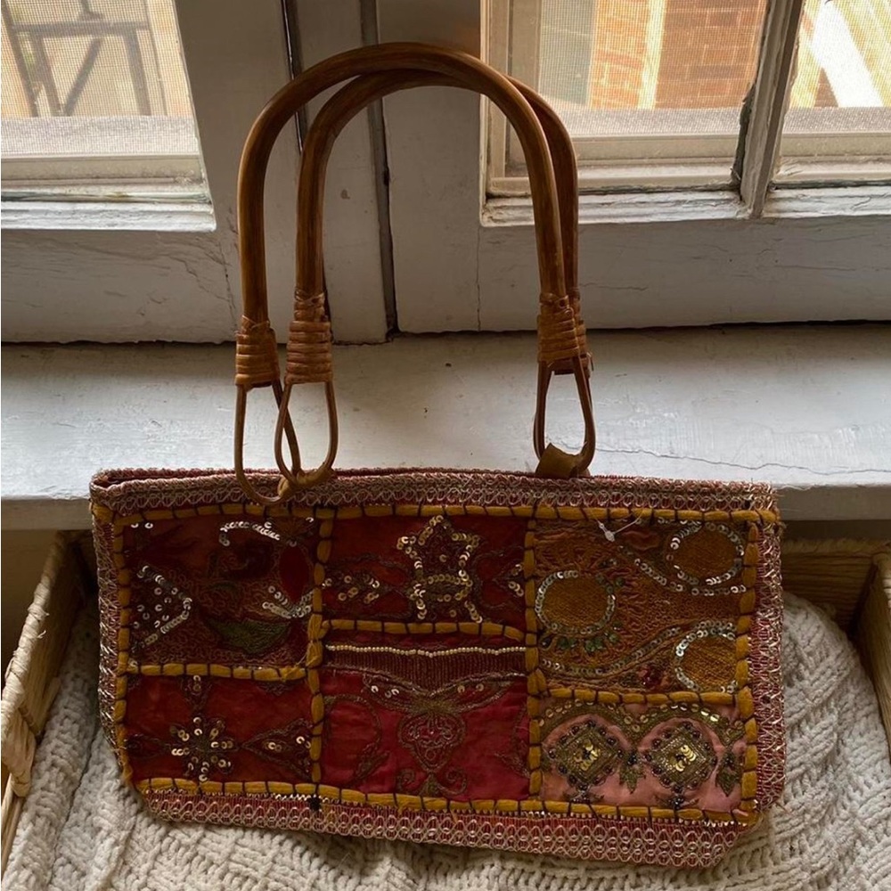 Beaded embroidered purse with wooden handles